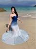 Gradient Blue Elastic Mesh Women's Strapless Fishtail Dress with Slimming Waist and Heart-Shaped Neckline