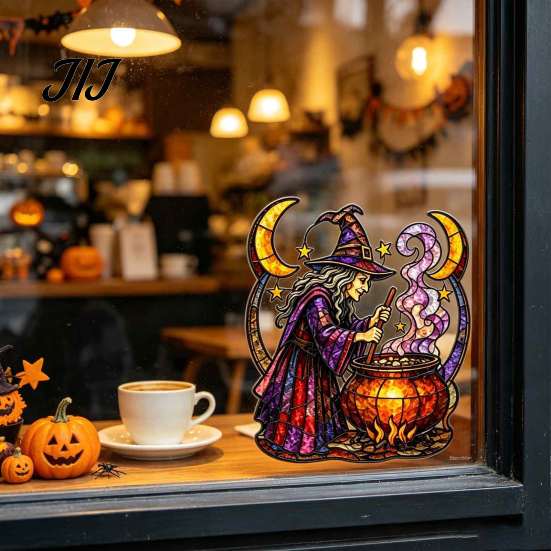 Seasonal Party Theme Decors Halloween Witch And Medicine Cauldron Window Sticker, Stained Glass Effect PVC Decal Durable Vinyl Clings for Doors