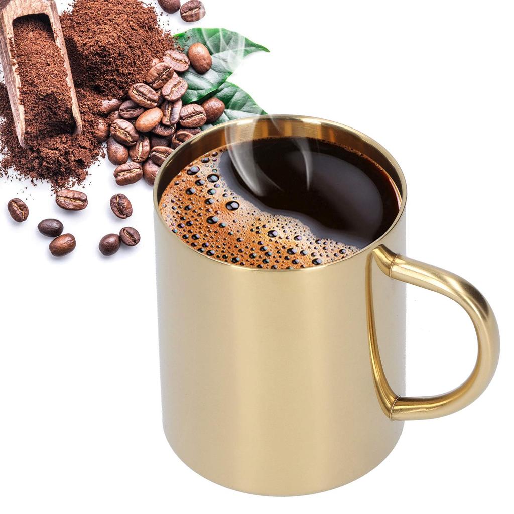 J-ouuo Mug, 304 Stainless Steel, Double-Layer, Anti-Scald, Coffee, Tea, Water, Cup with Handle, 400ml (Gold)
