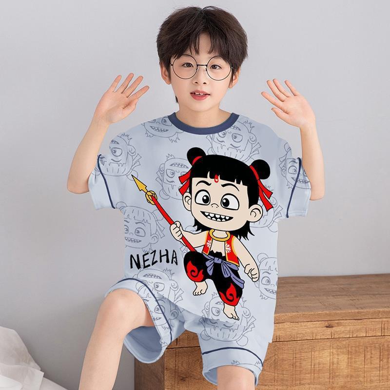 Boys Cotton Short Sleeve Pajama Set Lightweight Sleepwear Kids Teens Home Outfit