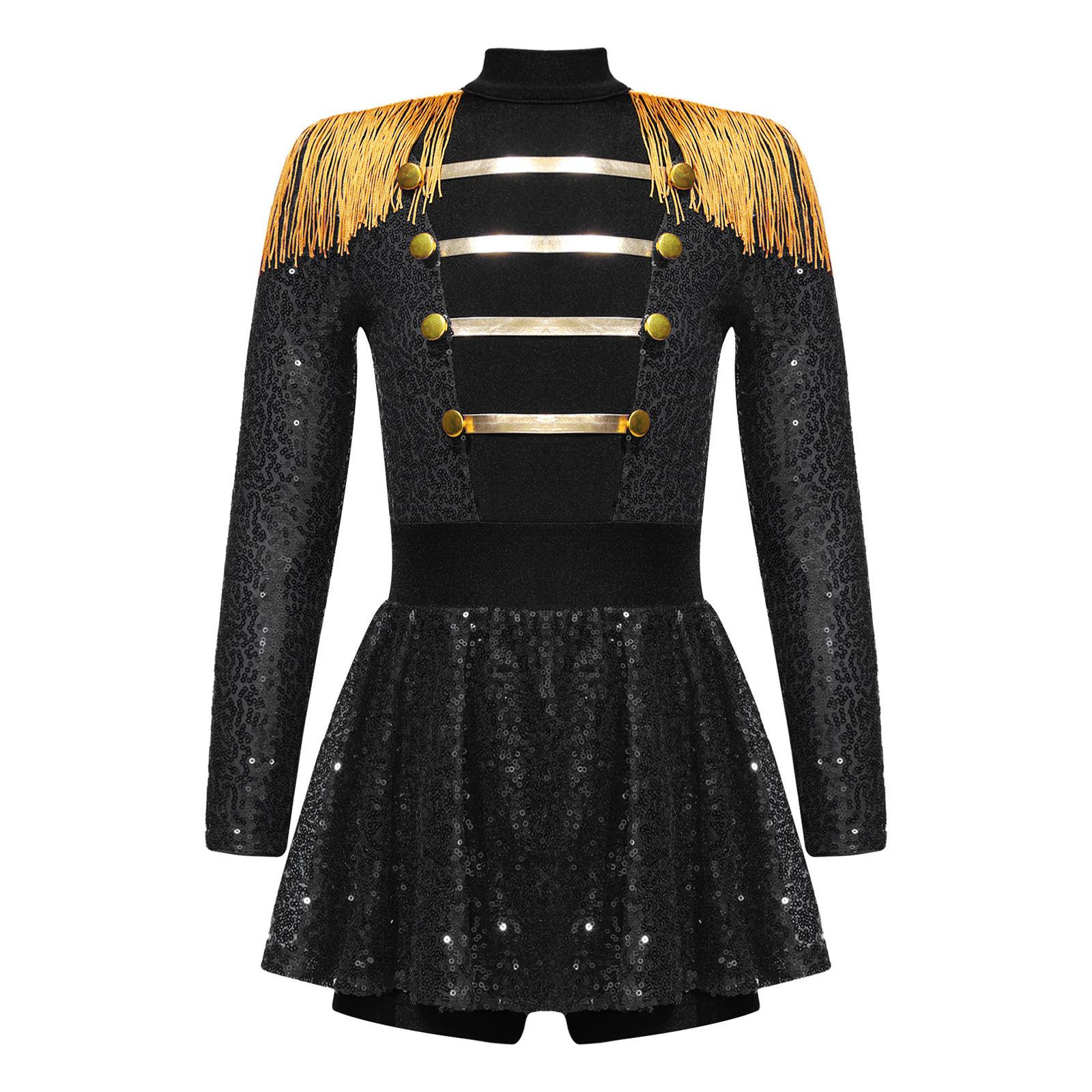 

Костюм Дівчинки Цирковий Керівник Арени Довгий Рукав Еполети з Китицями Блискуча Сукня з Паєтками Комбінезон Хелловін Танцювальний Виступ 13-14 Years чорний