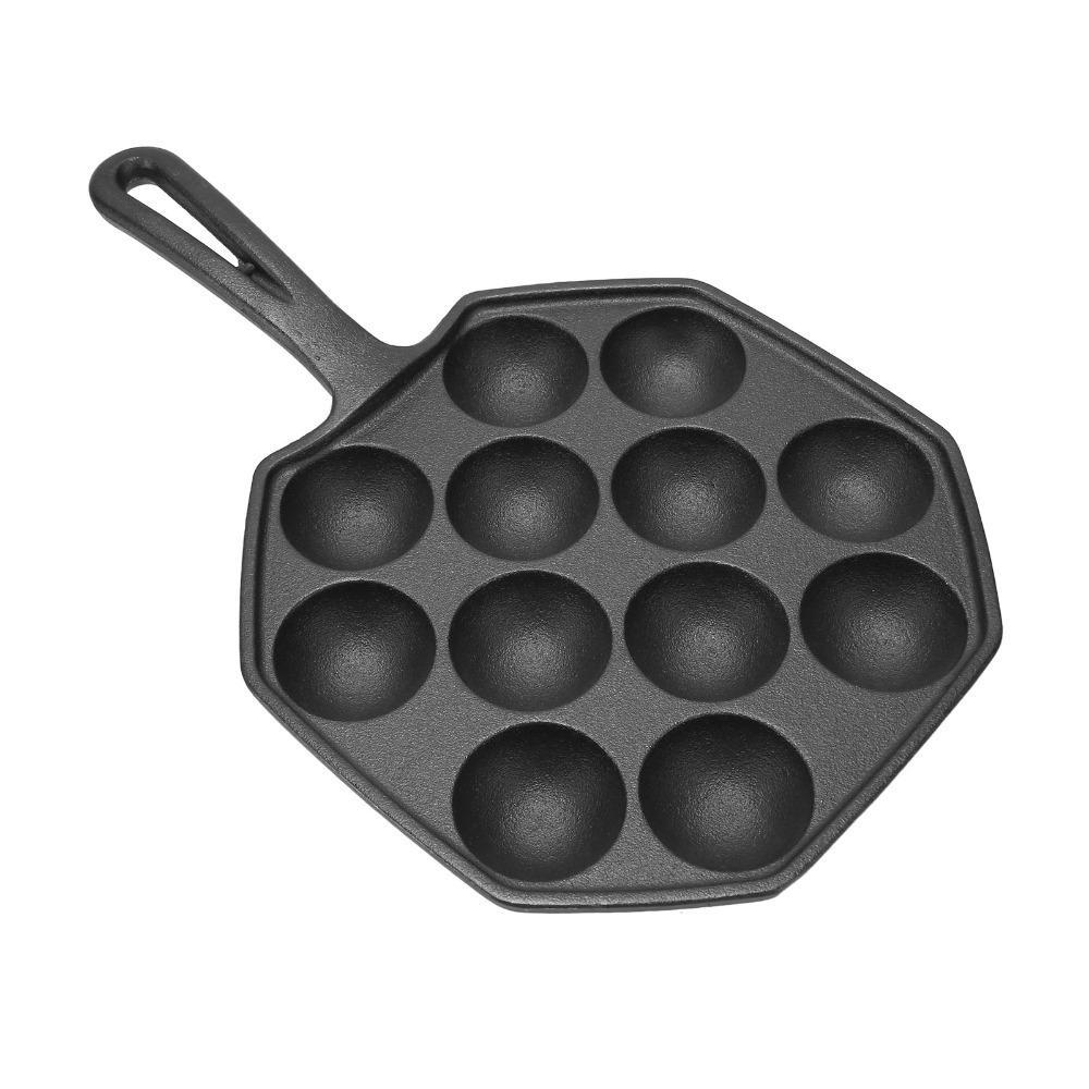 Cast Iron Egg Puff Frying Pan Non-Stick Even Heat Distribution Takoyaki Pan Heat-Resistant Handle 12 Hole Octopus Meatball Grill