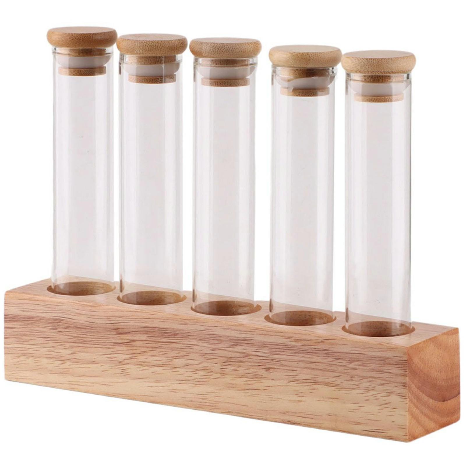 

Wooden Base Coffee Bean Display Stand with 5 Clear Glass Tubes for Cafe Bar Counter Storage A