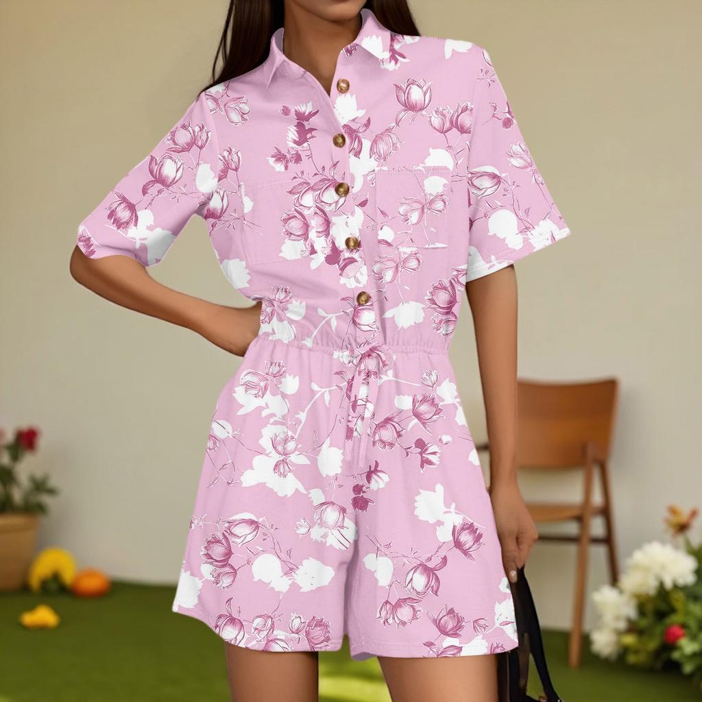 Damenmode V-Ausschnitt Jumpsuit Karomuster Lässig Kurzarm Top Jumpsuit