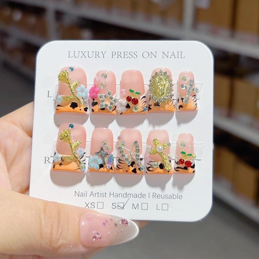 

Short Duck Bill Manicure French Leopard Print Three-dimensional Engraving Hand-worn Nail Fake Nails XS