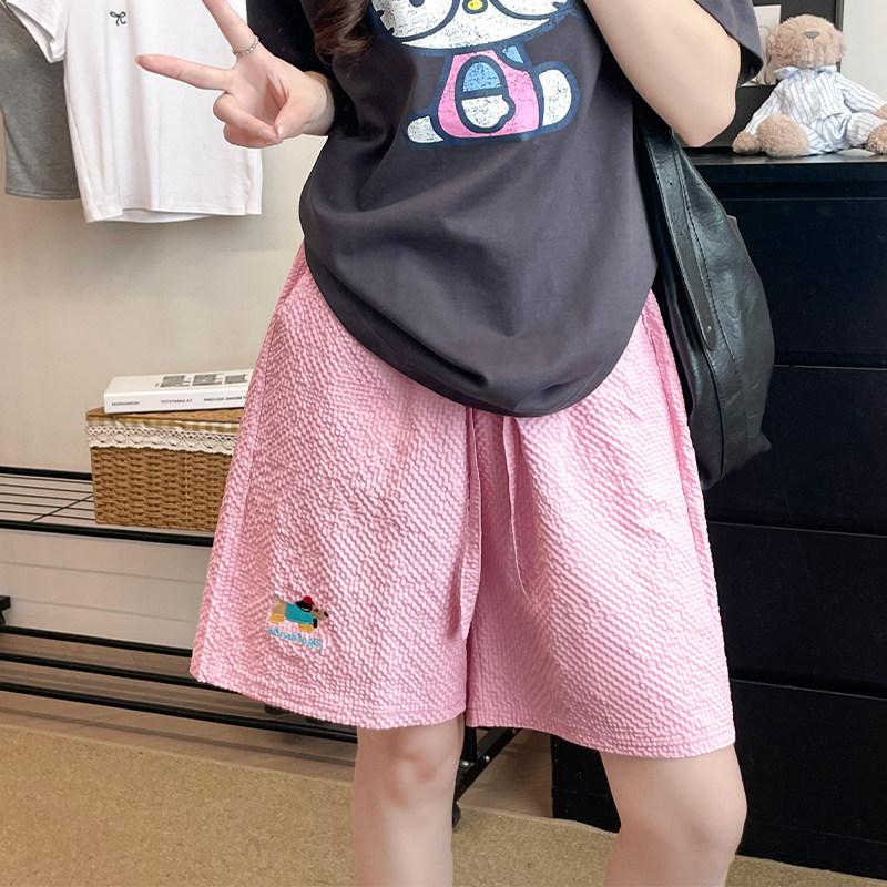 Navy blue dopamine puppy shorts women's summer new quick-drying beach pants sausage seersucker embroidered five-point pants