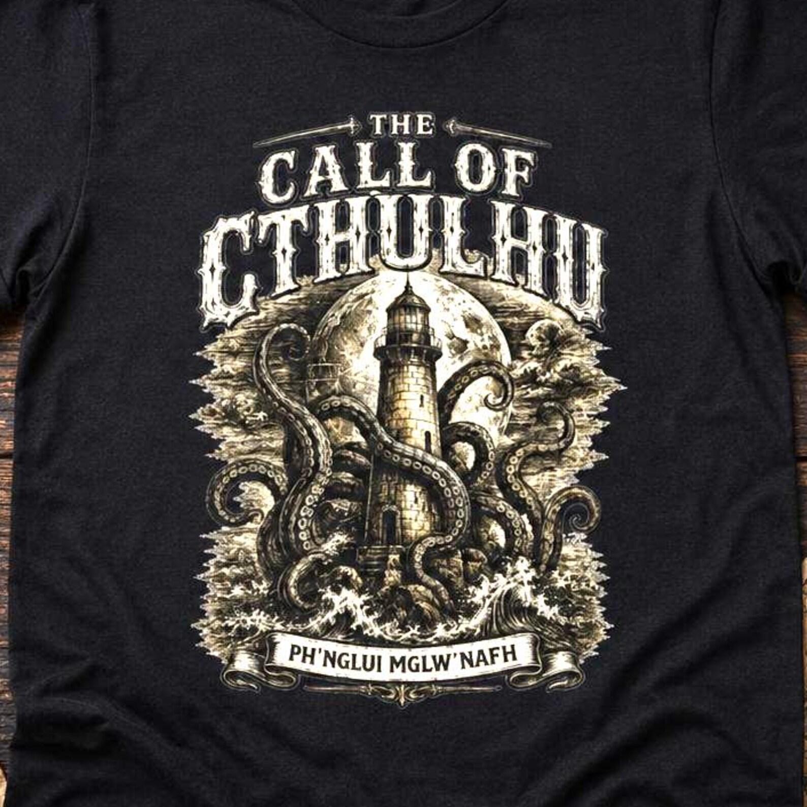 Call of Cthulhu Shirt, Cosmic Horror T-Shirt, Lovecraft Inspired Tee, Gothic Lighthouse Shirt, Eldritch Horror Gift, Book Lover Shirt L