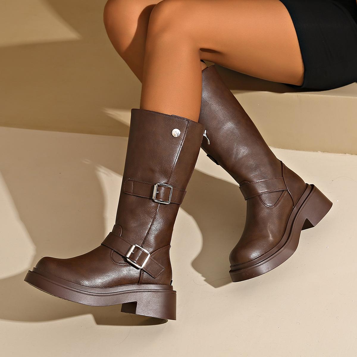 

Батал Двухвариантные Ботинки Мартин с Пряжкой Женские 2025 Осень/зима Новые Модные Ботинки на Высокой Платформе с Круглым Носком 35