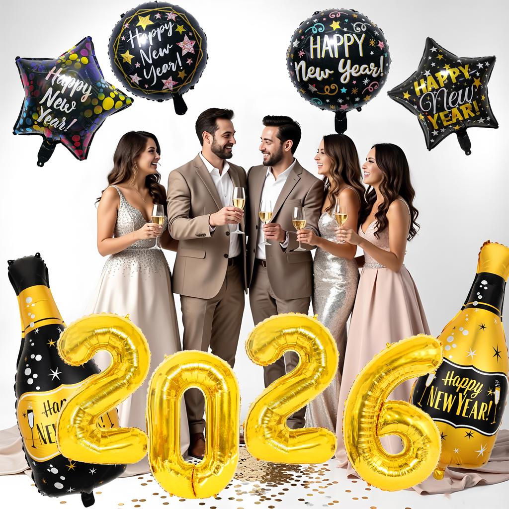10Pcs 2026 Black Gold Happy New Year Balloon Set  New Year's Eve Party Atmosphere Decoration  Wine Bottle Aluminum  ballons