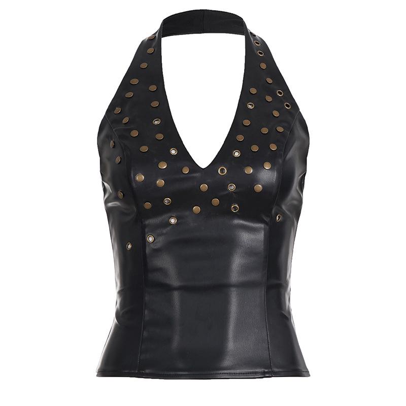

Spicy Girl Bronze Rivet Halter Backless Leather Vest - Fashion Sleeveless Top Large чёрный