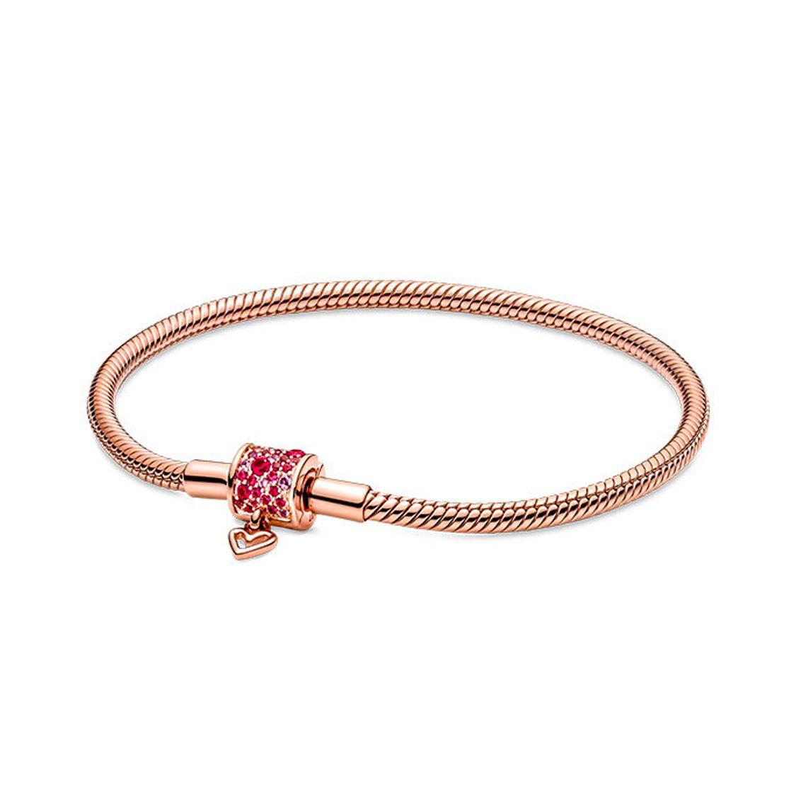 Pandora Shining Hand-Painted Heart Snake Chain Bracelet Women bracelet Rose-Gold 589543C01 19