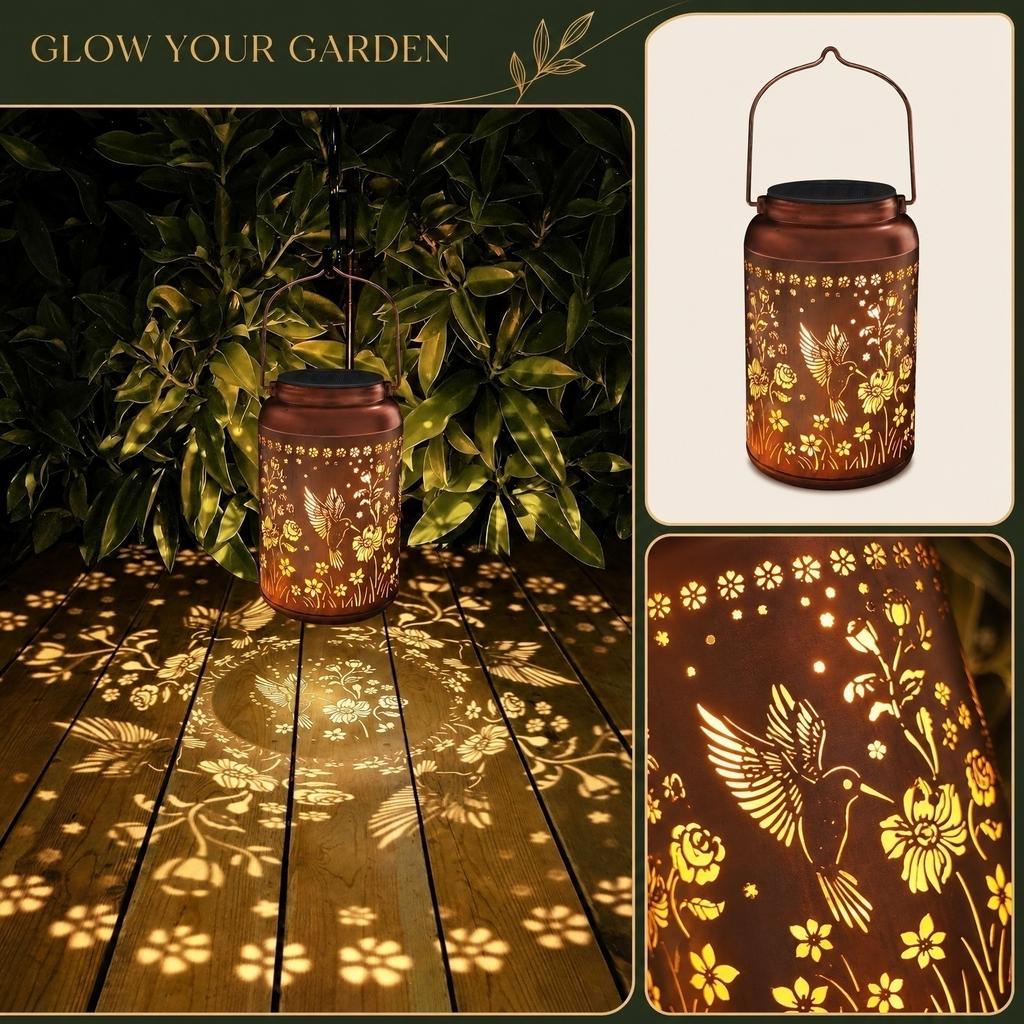 Solar Powered Lantern Outdoor Decorative Light with Metal Handle and Floral Hummingbird Pattern Suitable for Garden Patio Porch and Yard Lighting