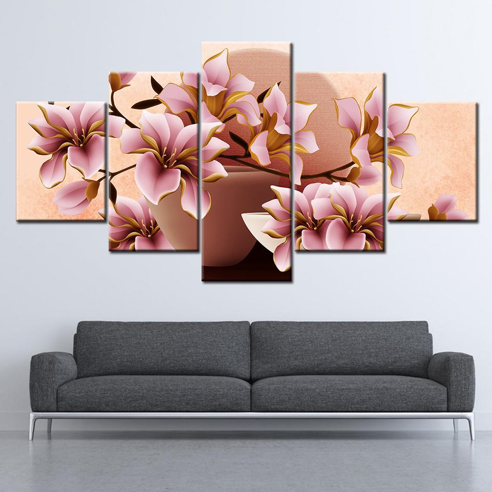 Canvas Painting HD Pink magnolia flowers 5 Pieces Wall Art Painting Modular Wallpapers Poster Print for living room Home Decor