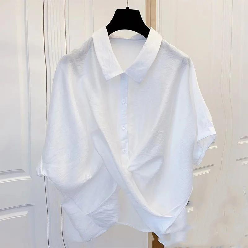Women's Summer Loose-Fit Asymmetrical Shirt: Slimming Plus-Size Design for Workwear