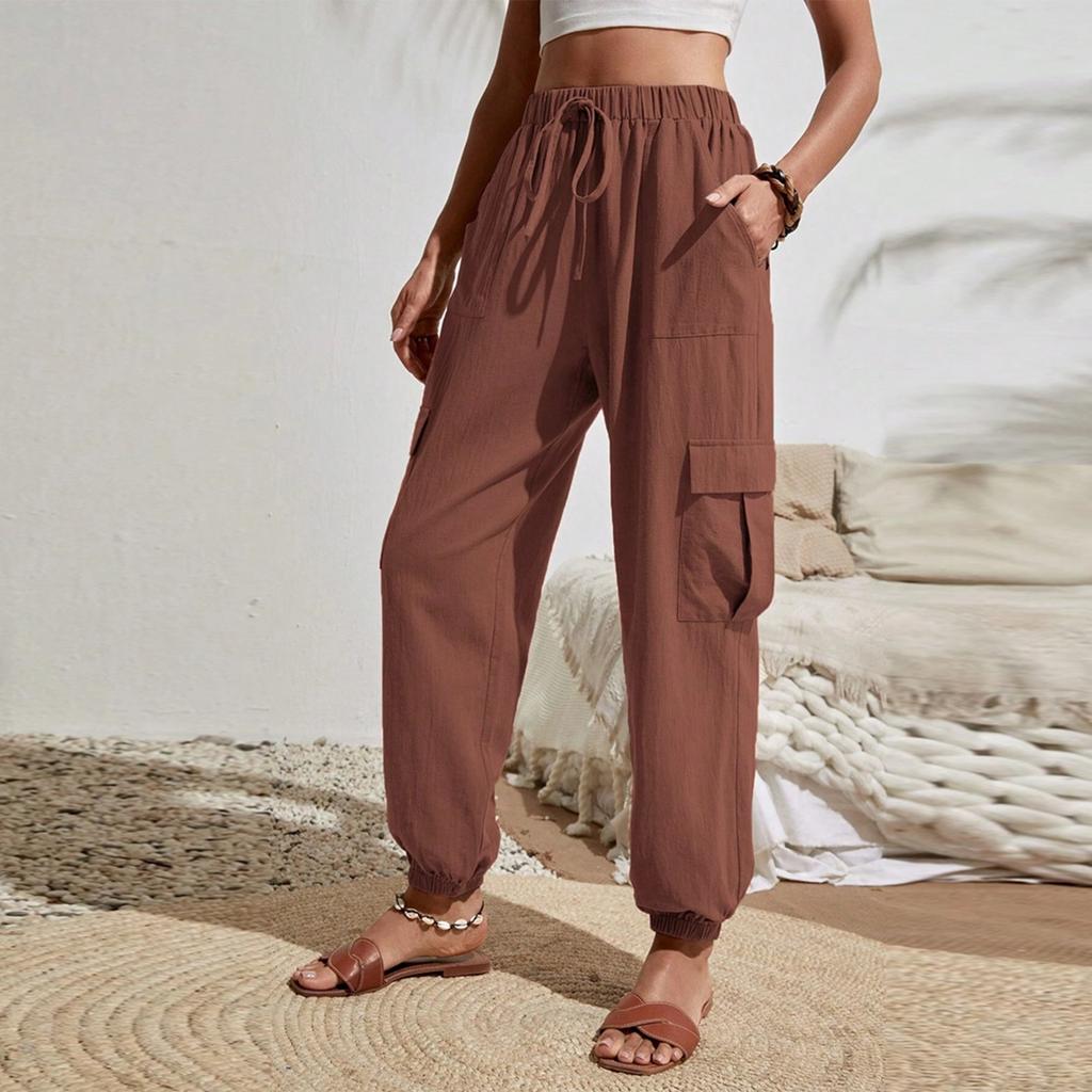 Women's Fashionable Solid Color Elastic Waist Pocket Versatile Casual Work Pants