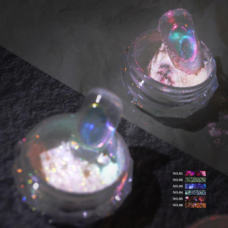 Brokat do paznokci Aurora Ice Przezroczysty Laserowy Tęczowy Lustrzany Pigment Żelowy Proszek Chromowany Urok do Paznokci Lakier Żelowy Artystyczne Dekoracje Materiały