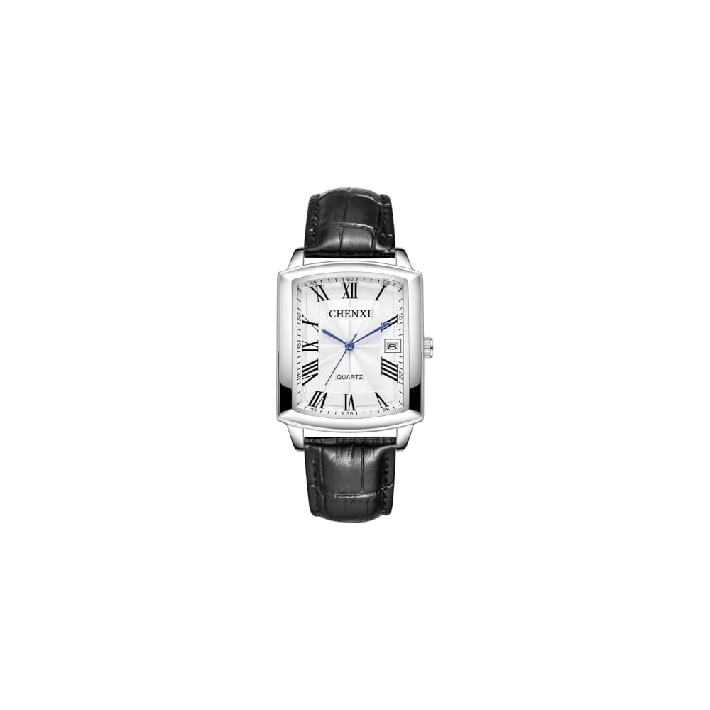 Men s Analog Quartz Watch Silver Black Leather Strap Calendar Waterproof Antique Square Design