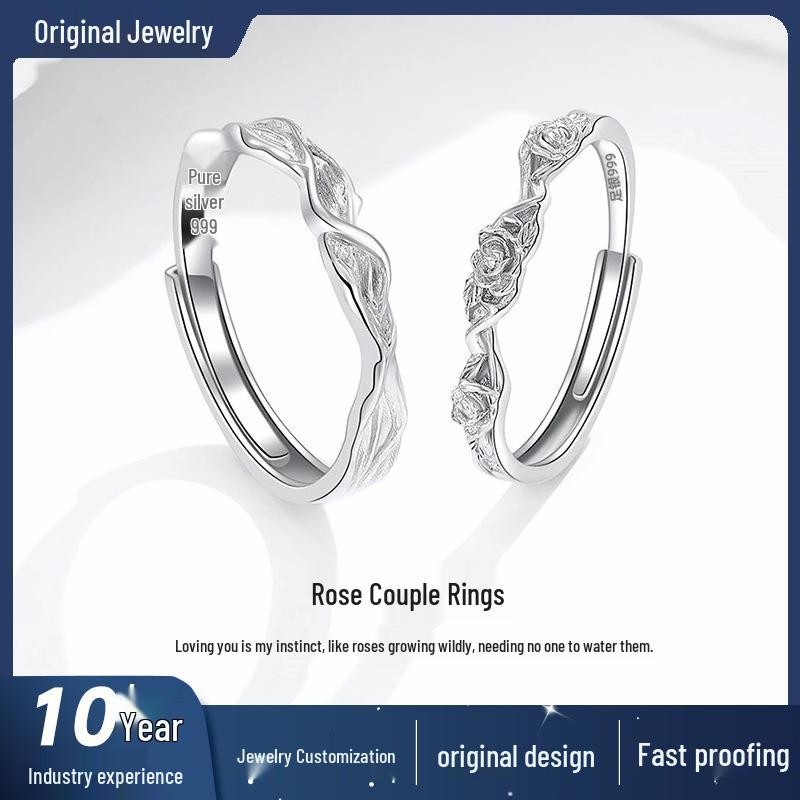 Bagues de Couple Réglables en Argent Sterling 999 avec Zircone Cubique
