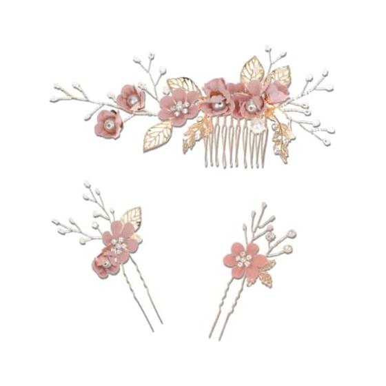 3-Piece Flower Hair Comb & Pins Set - Gorgeous & Cute Floral Design Hair Accessories for Weddings, Parties, Formal Events, and More - Pink -