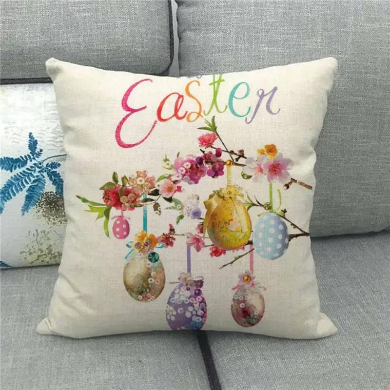 Easter Cushion Cover Cute Bunny Eggs Printed Pillow Covers 18x18 Inches Easter Decorations Hare Rabbit Flower Linen Pillowcase