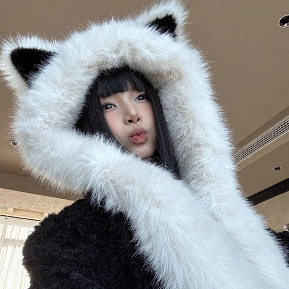Soft Plush Integrated Cap Scarf Warm Beanie Ear Protection Windproof Cap Scarf Neck Warm Fake Fur Long Scarf Cap Cold Weather