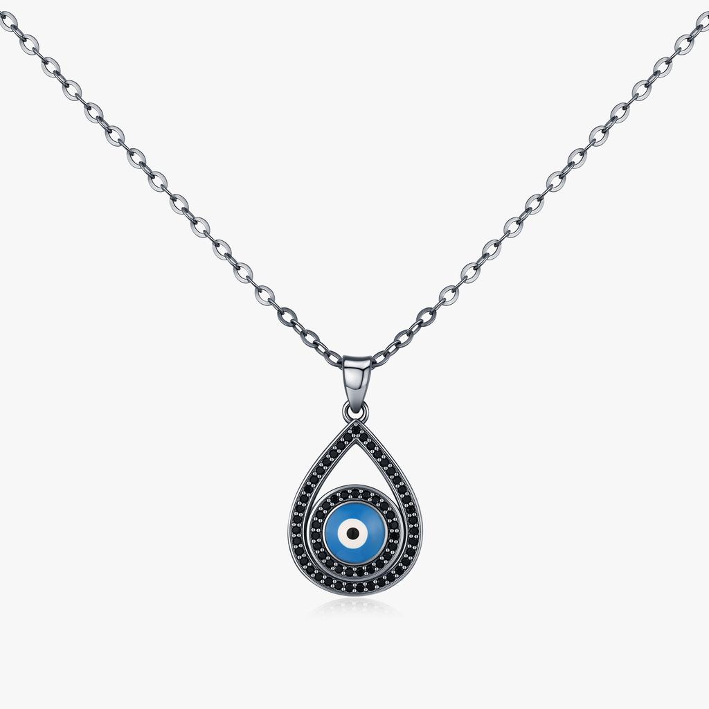 Collier Goutte d'Eau Dorée Noire en Argent Sterling 925 Pendentif Yeux Bleus Charmants Colliers pour Femmes Bijoux Fins