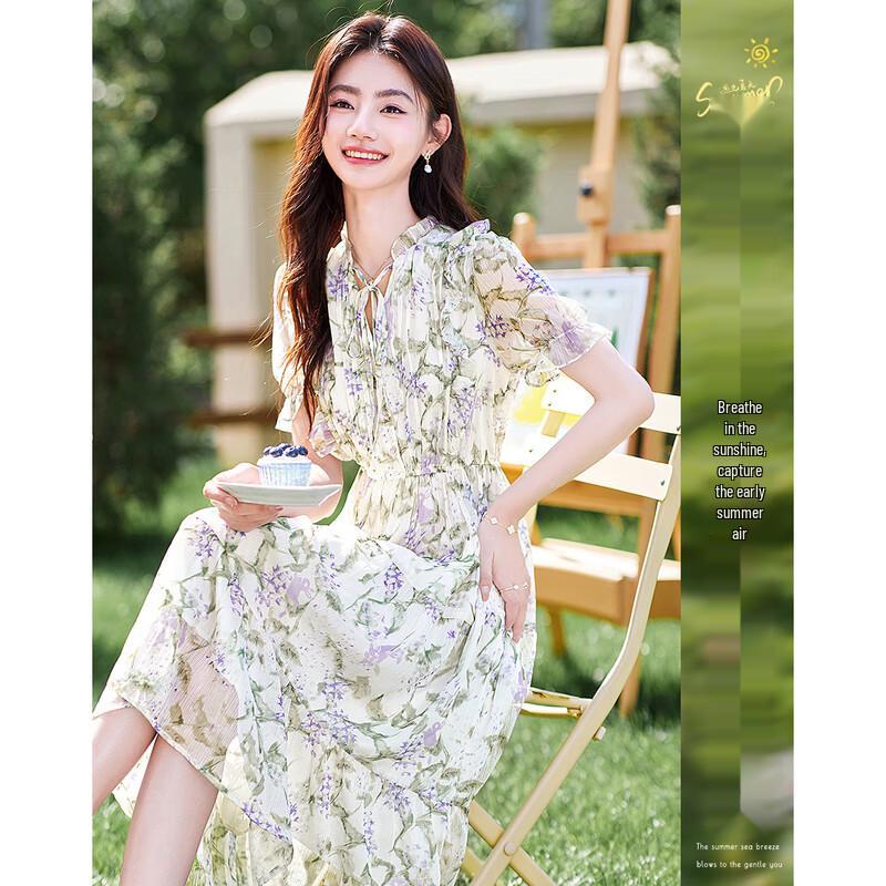 

Sishui Nianhua Women s Elegant Short Sleeve Mid-Length Dress XL