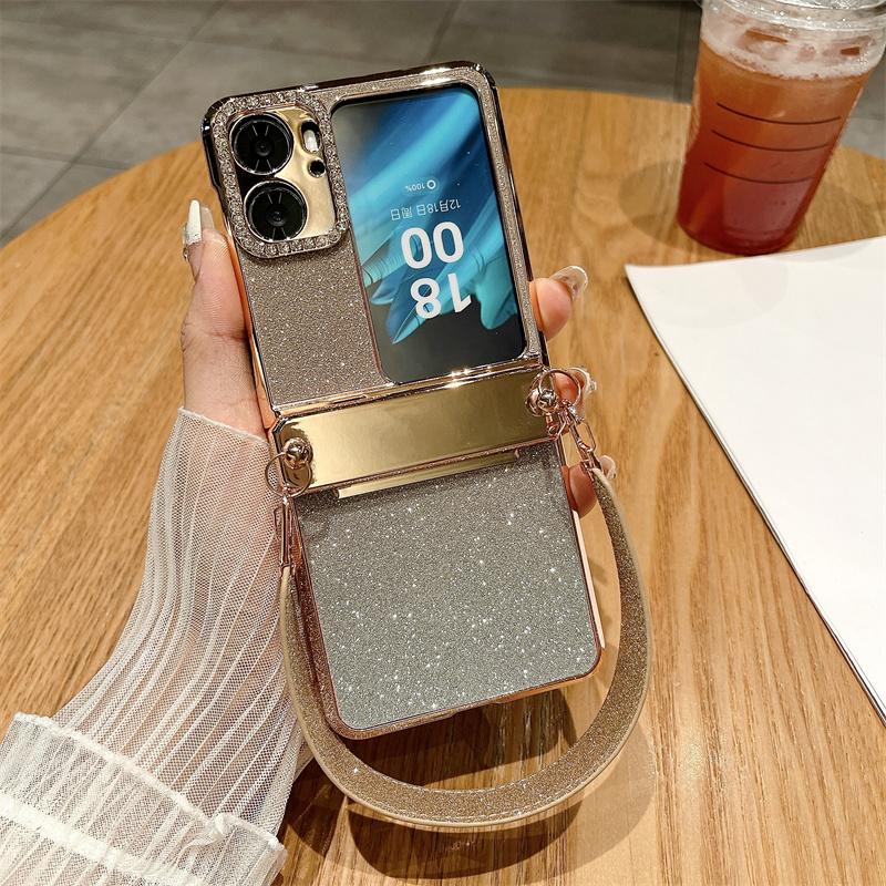 

Блестящий чехол для телефона Oppo Find N2 Flip 5G, противоударный, жесткий ПК, чехол для телефона с ремешком на запястье Gradient Gold