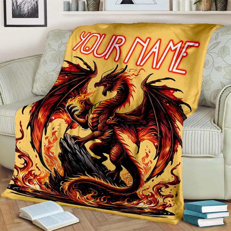 1PC Custom Name "Fiery Dragon Artwork" flannel blanket versatile,all-season throw suitable for the living room,bedroom,camping,travel,and gift