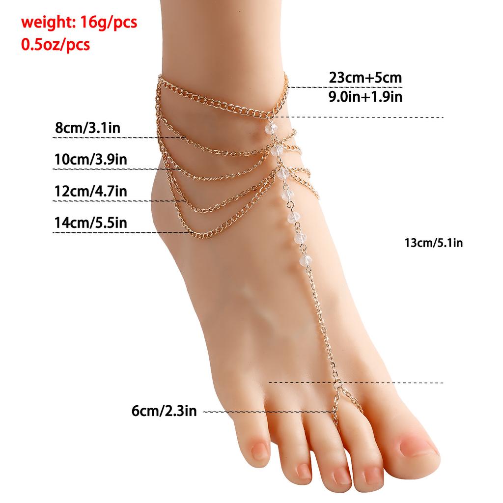 European and American beach temperament imitation crystal multi-layer fringed chain foot decoration ethnic style bride finger metal anklet