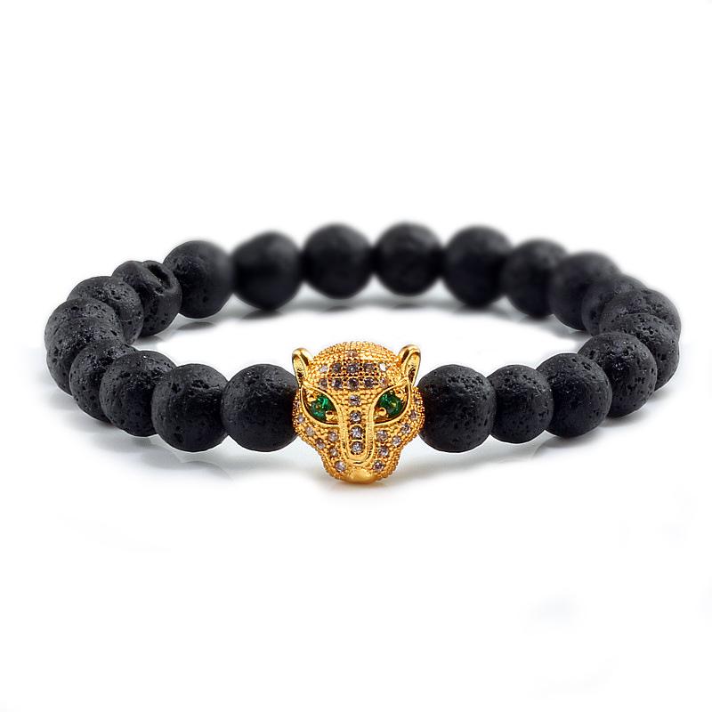 Volcanic Stone Beads Bracelet with Leopard Head and Diamond Circle - Trendy Elastic Hand Ornament
