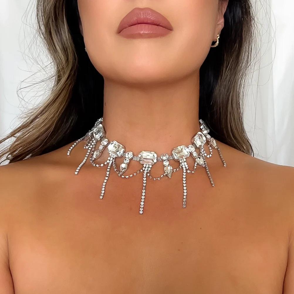 European And American Jewelry, Niche Design Sense Light Luxury Full Diamond Collar, Sweet And Cool Fringed Rhinestone Necklace Collarbone Chain