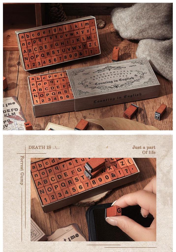 Yue Zhen Retro Wooden Journal Stamps: English Letters & Numbers Set