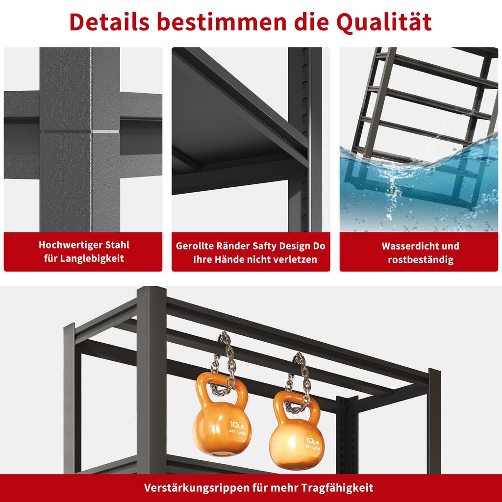5-Tier Metal Shelf 650kg Load Capacity, Heavy-Duty Shelf Made of Steel, Height-Adjustable for Garage, Storage & Household, H160cm × B80cm × T40cm