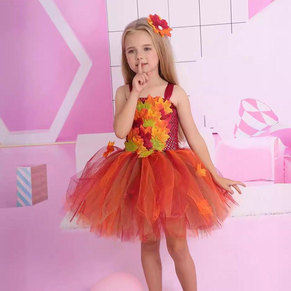 Maple Leaves Princess Dress with Hairpin Thanksgiving DayDress Fashion Dance Costumes  Dance