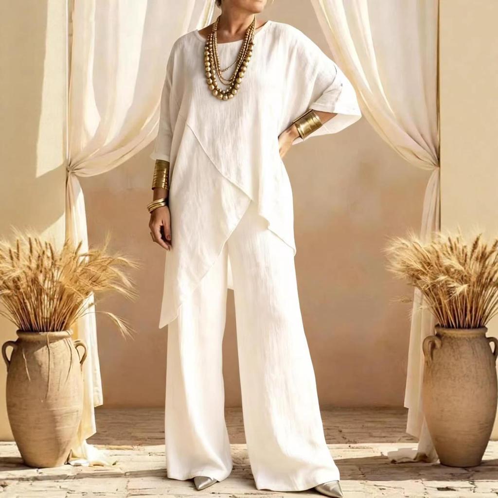 2026 Summer Women's Casual Two-Piece Cotton Linen Set with Round Neck and Irregular Hem