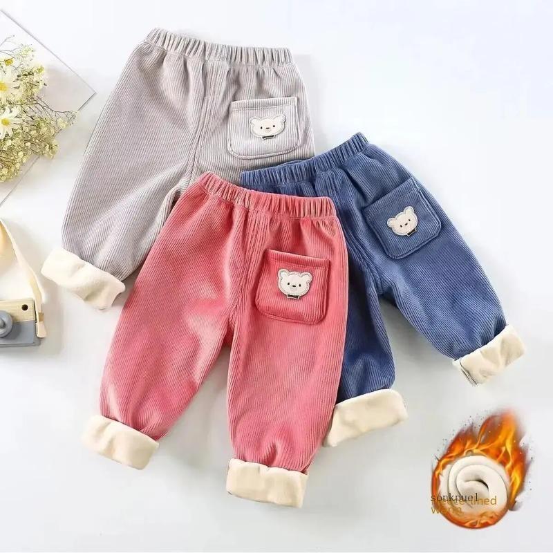 Autumn Winter Children's Fleece-lined Corduroy Pants Stylish Embroidery Casual Warm Trousers for Boys Girls