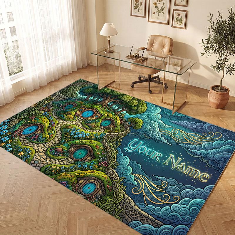 Mushroom Forest Theme Crystal Velvet Floor Rug Personalized Custom Name Text Warm Carpet Home Decoration
