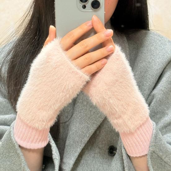 Fingerless Gloves for Women Faux Fur Thumb Hole Half Finger Gloves Stretchy Warm Winter Typing Writing Mittens