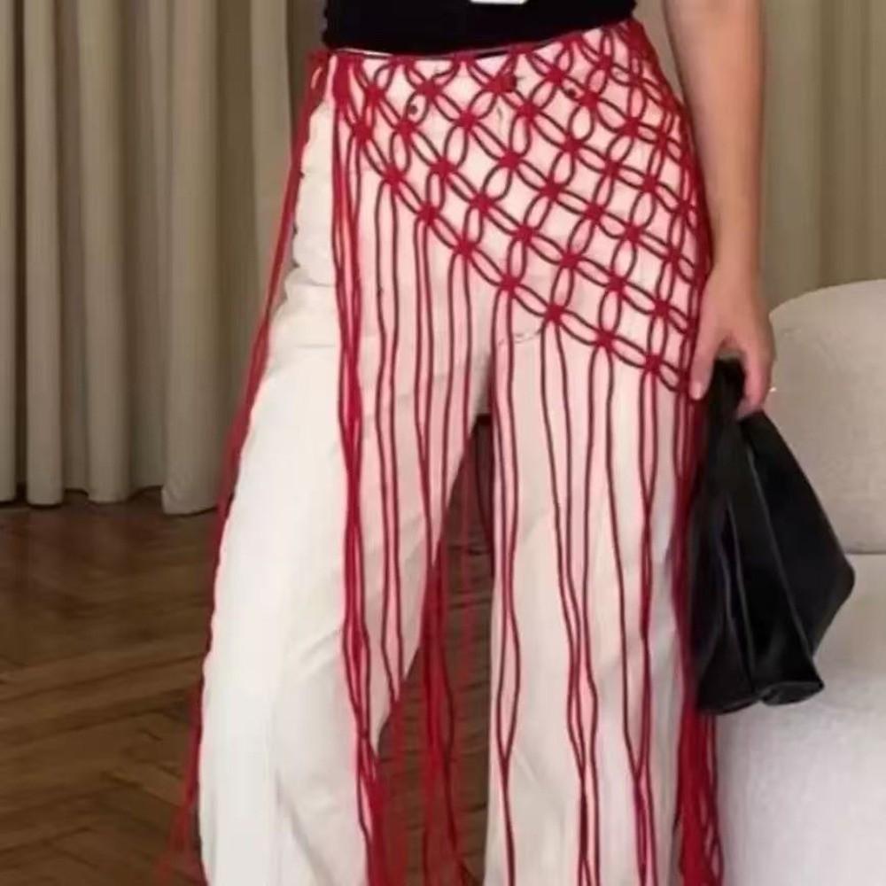 

Woven Waist Decoration Ethnic Ancient Belted Skirt Vintage Mesh Tassel Waist Belt Beach Party красный