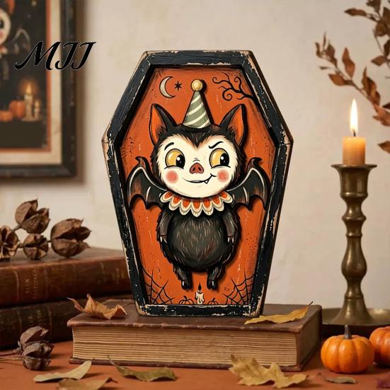 Fall Home Decor for Tables Vintage Halloween Wooden Decor, Cat Mummy Skeleton Figurines, Festive Tabletop Farmhouse Centerpiece Shelf Mantel