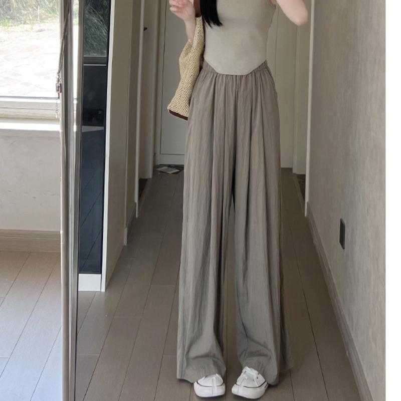 Wiosenne i letnie spodnie z szerokimi nogawkami z lodowego jedwabiu, z wysokim stanem, luźne, plisowane spodnie casualowe dla kobiet