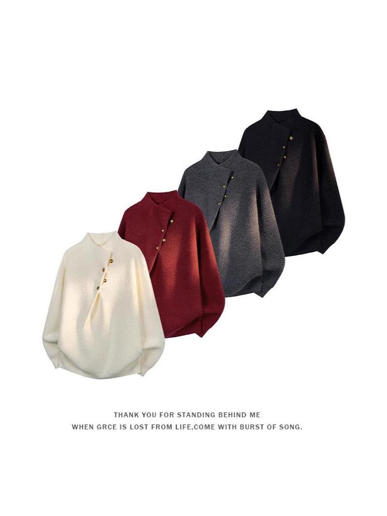 Hoge Hals Trui voor Mannen in Koreaanse Stijl met Onregelmatig Knopenontwerp - Trendy, Cool, Casual Gebreide Top