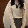 Women's Turn Down Collar Long Sleeve Polo Top Straight Fit Casual Blouse Color Block Contrast Ribbed Knit Shirt