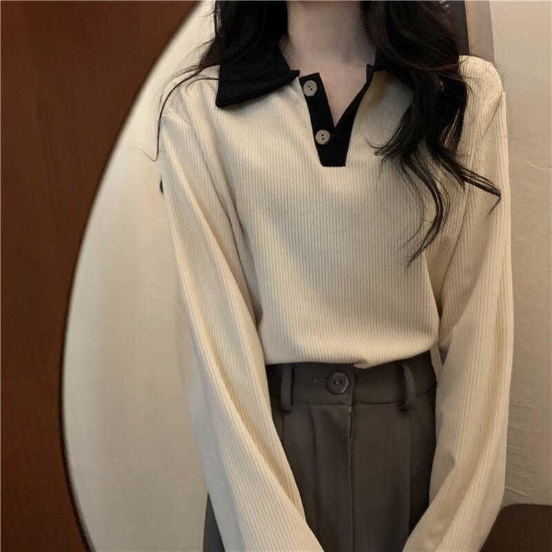 Women's Turn Down Collar Long Sleeve Polo Top Straight Fit Casual Blouse Color Block Contrast Ribbed Knit Shirt