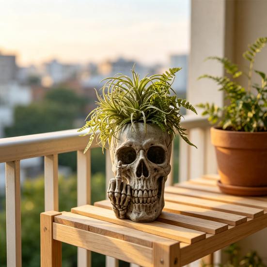 Retro Skull Sculpture Planter with Middle?Finger Gesture, Resin Succulent Pot, Gothic Skeleton Head Unique Desktop Decoration Flower for Indoor
