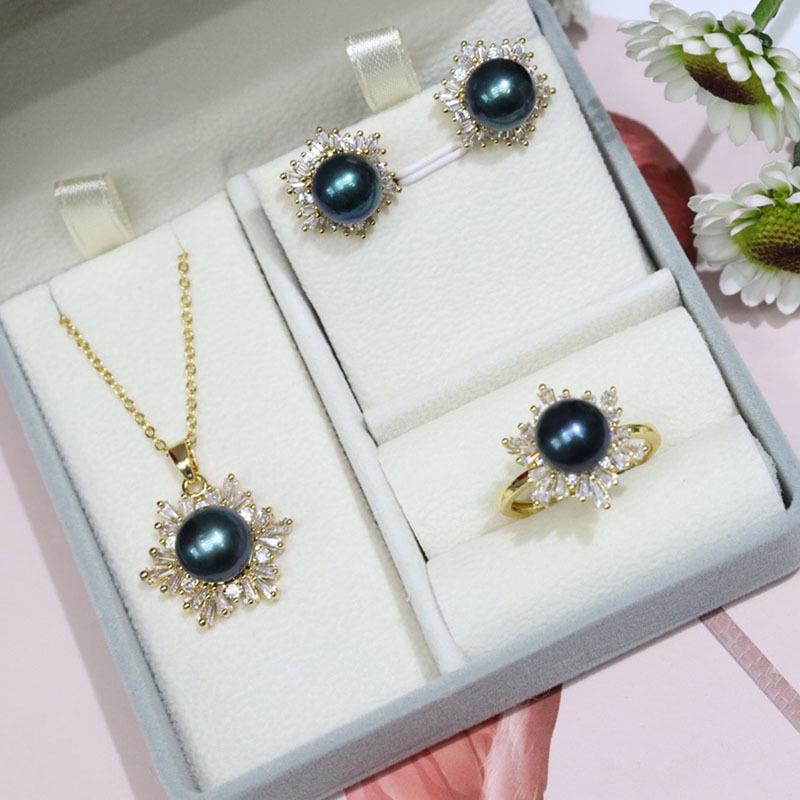 18K Gold-Plated Freshwater Pearl Jewelry Set: Necklace, Earrings & Ring with Micro-Pave Diamonds (9-10mm Pearls).