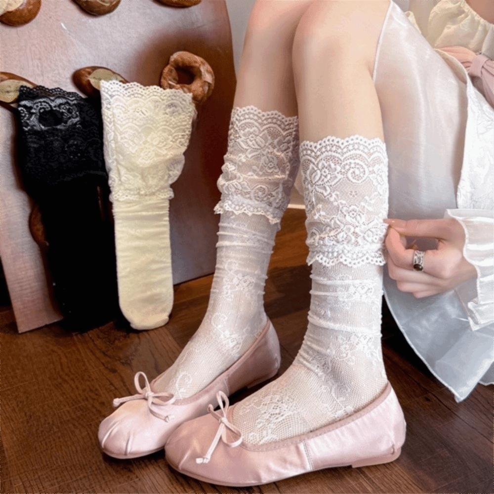 Y2K Over The Knee Stockings Floral Lace Fishnet Stockings Sweet Thigh High Stockings Lolita Style
