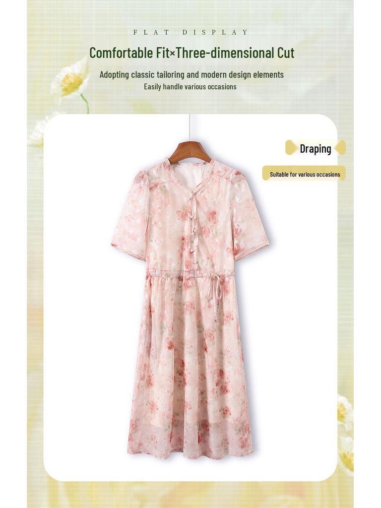 Robe Mi-longue Imprimée en Mousseline de Soie à Manches Courtes pour Femme - Été 2026 Élégante