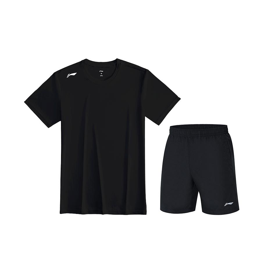 Li Ning Casual Sportswear Men s Black Short Sleeved Shirt+Black Shorts ATSV597-2+AKSU743-1 XL